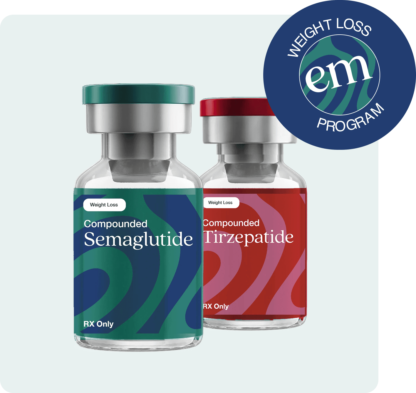 Compounded Semaglutide and Tirzepatide vials with weight loss program seal
